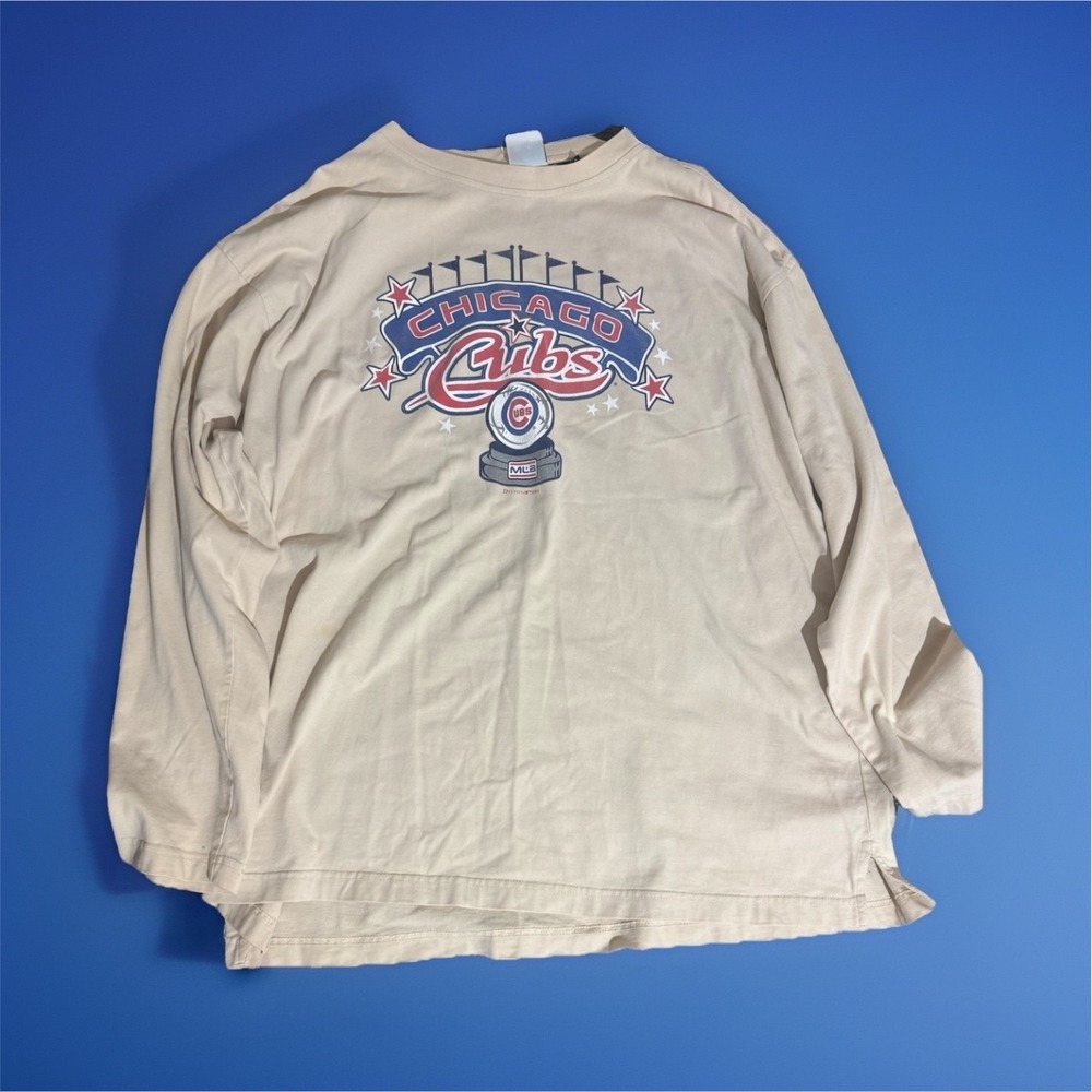 VTG 2003 Graphic Dynasty Chicago Cubs MLB 2XL Beige Long Sleeve Shirt Baseball